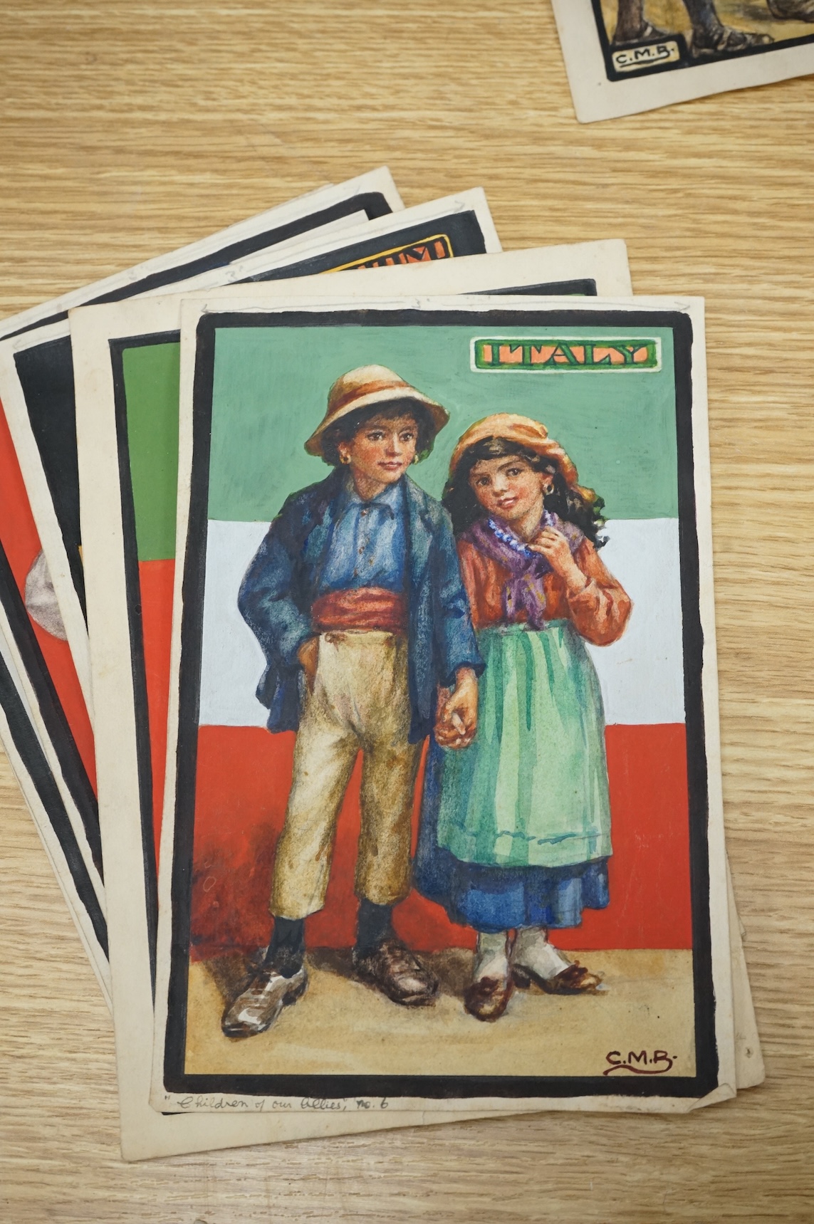 Cicely Mary Barker (1895-1973), a set of eight original watercolours for children's postcard designs, WWI Children of our Allies, to include Great Britain, France and Belgium, each initialled, unframed, 23 x 16cm